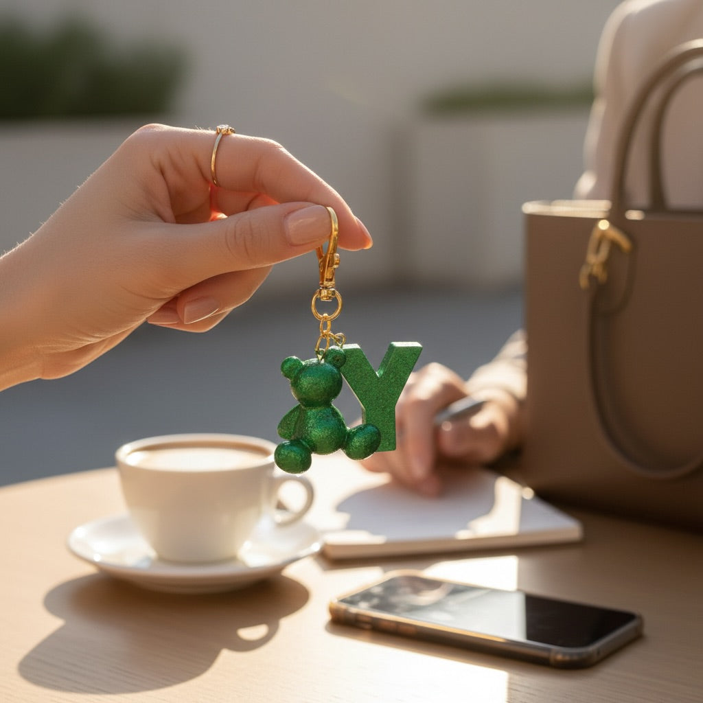 Green handmade resin bear keychain with the letter Y on a bag