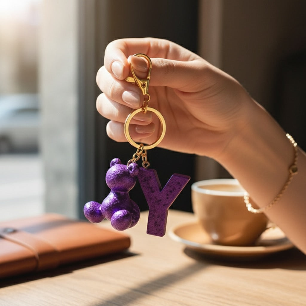 Purple handmade resin bear keychain with the letter Y on a bag