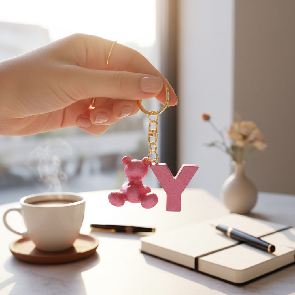 Pink handmade resin bear keychain with the letter Y on a bag