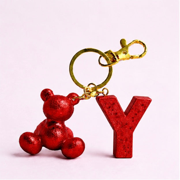Red handmade resin bear keychain with the letter Y