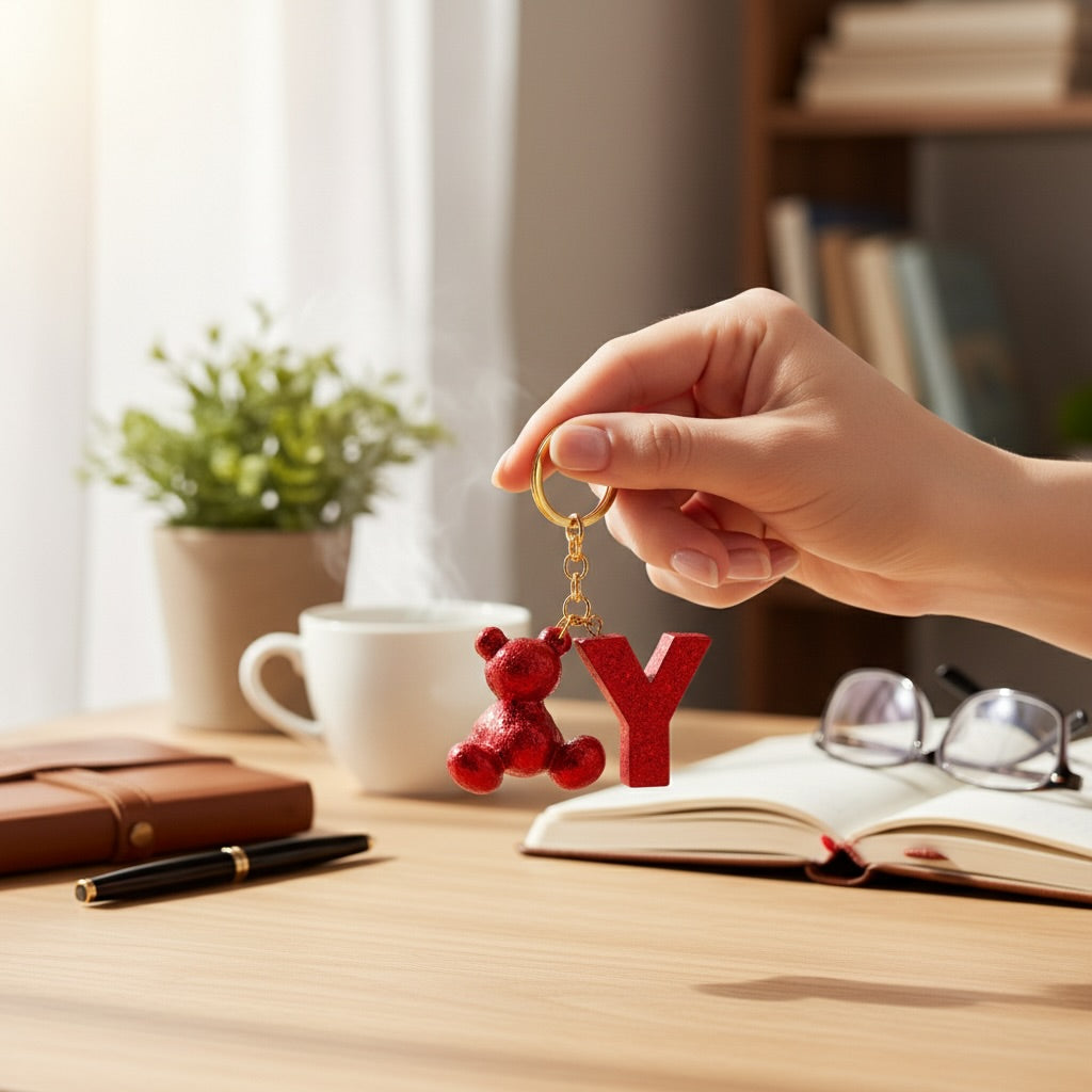 Red handmade resin bear keychain with the letter Y on a bag