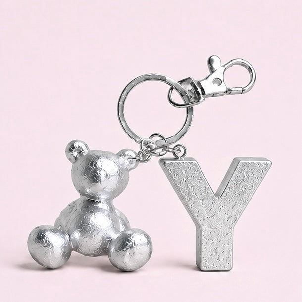 Silver handmade resin bear keychain with the letter Y