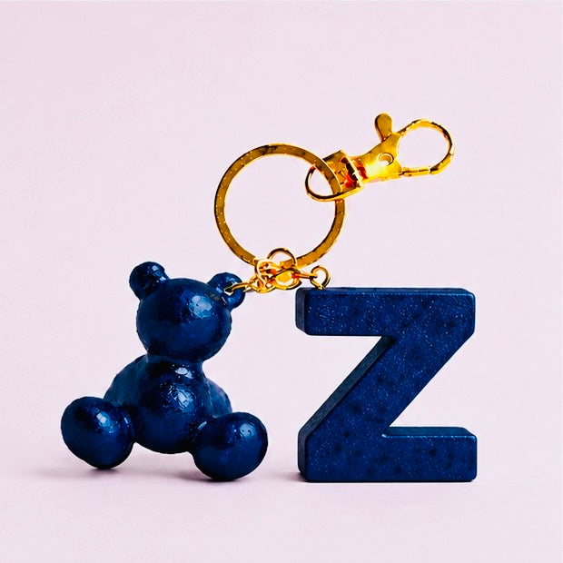 Blue handmade resin bear keychain with the letter Z