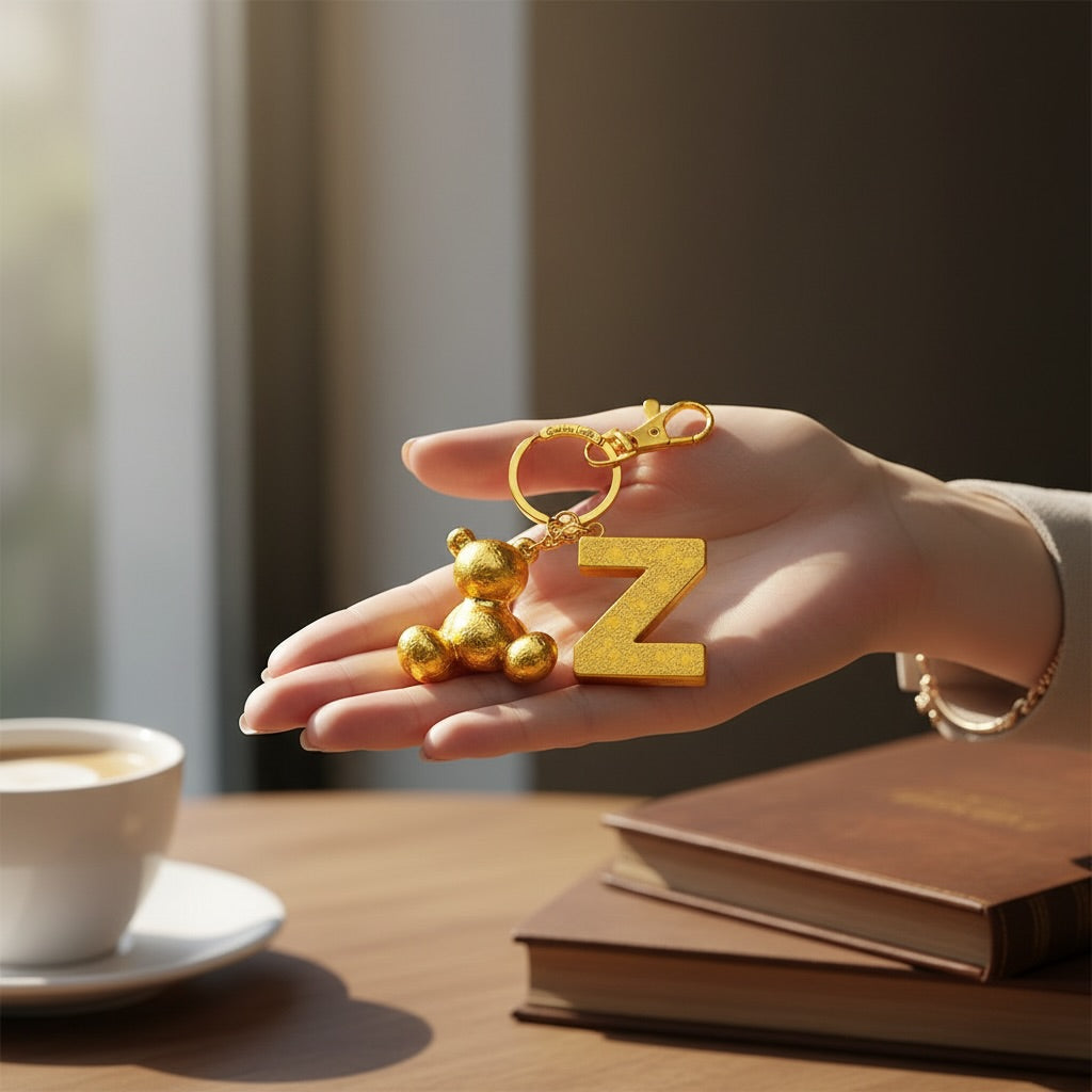 Gold handmade resin bear keychain with the letter Z on a bag