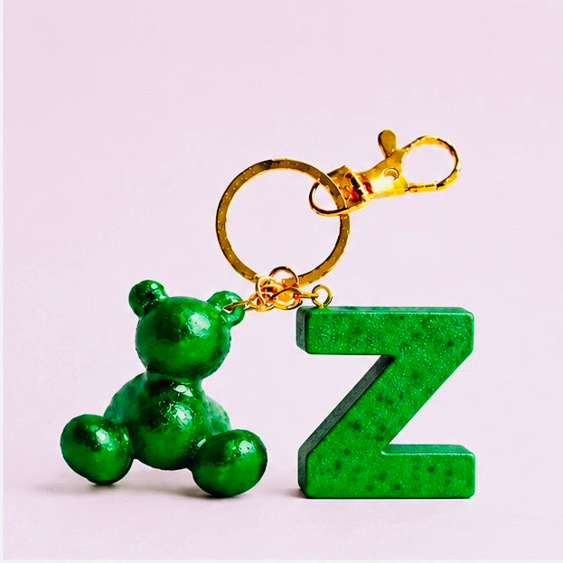 Green handmade resin bear keychain with the letter Z