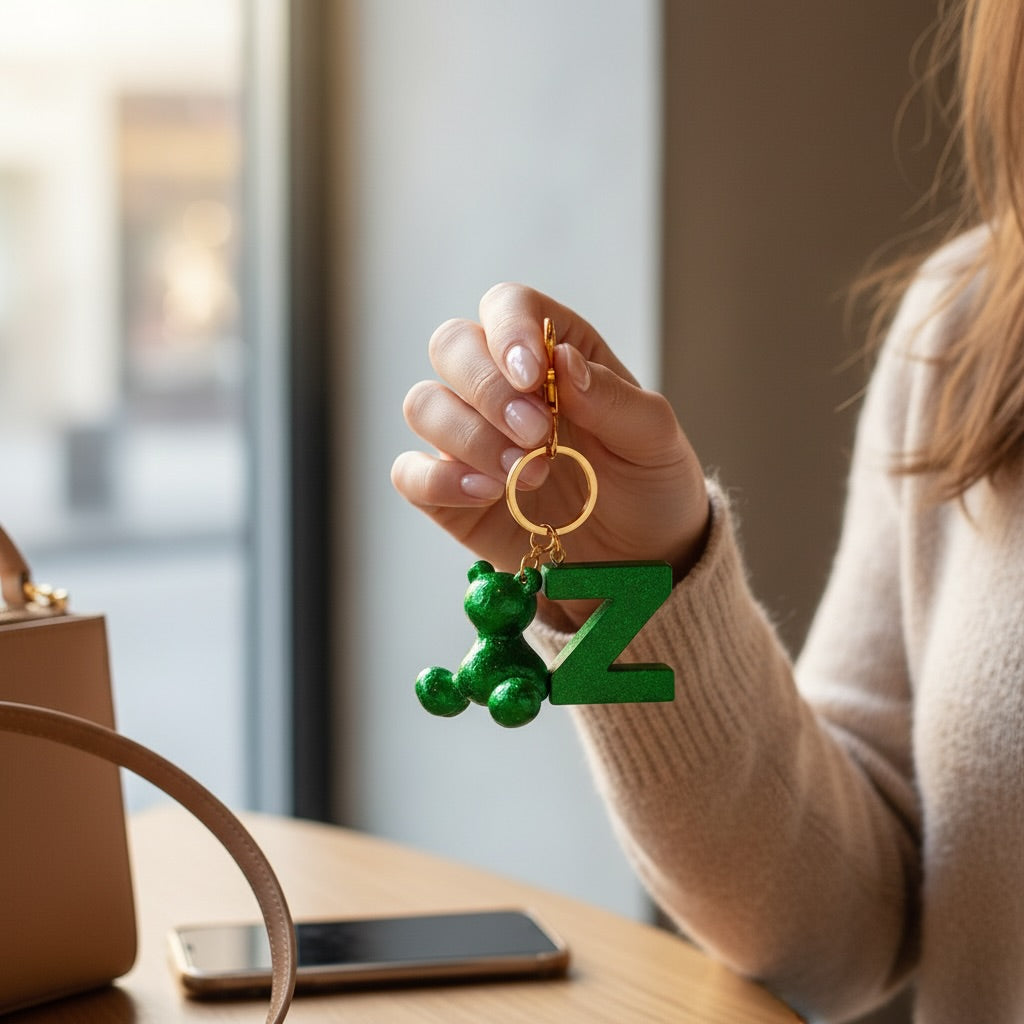 Green handmade resin bear keychain with the letter Z on a bag