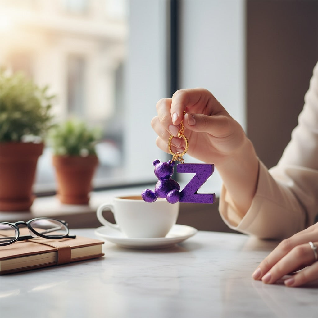 Purple handmade resin bear keychain with the letter Z on a bag