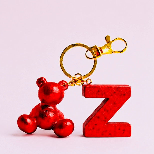 Red handmade resin bear keychain with the letter Z