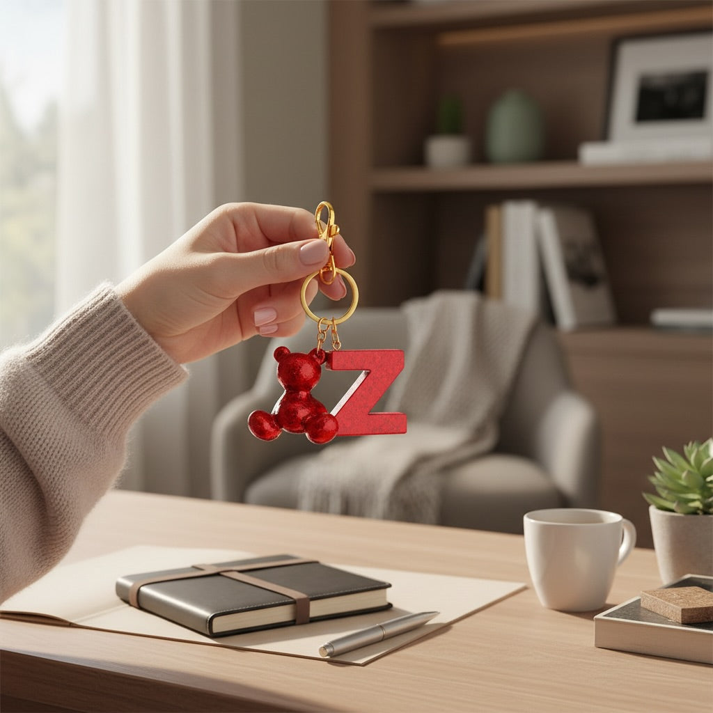 Red handmade resin bear keychain with the letter Z on a bag