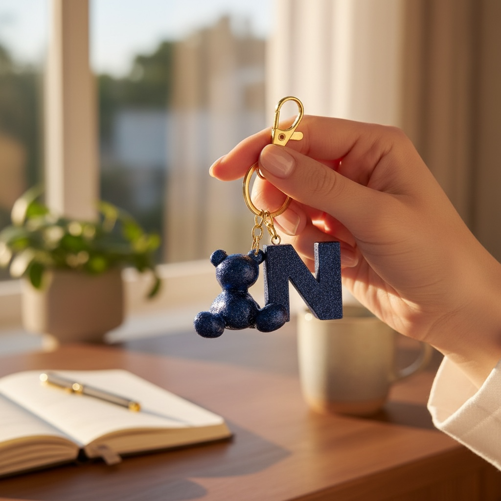 Blue handmade resin bear keychain with the letter N