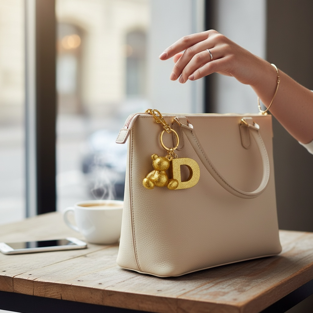 Gold handmade resin bear keychain with the letter D on a bag