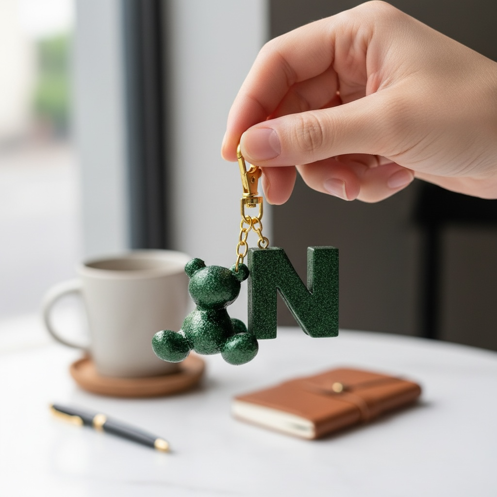Green handmade resin bear keychain with the letter N