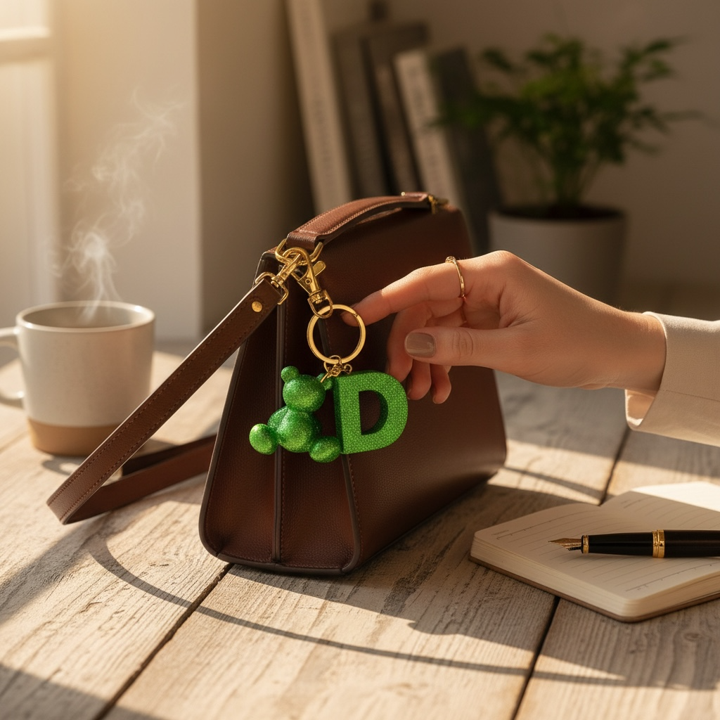 Green handmade resin bear keychain with the letter D on a bag