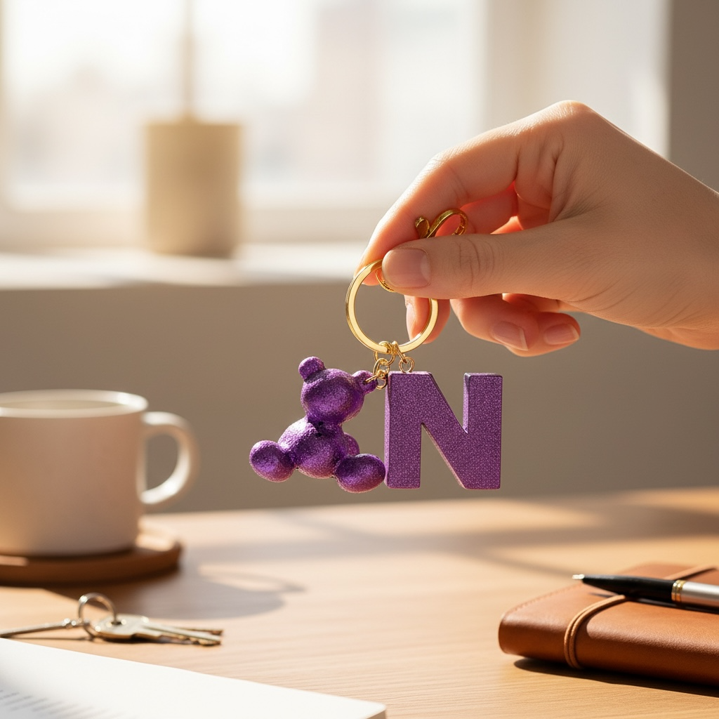 Purple handmade resin bear keychain with the letter N on a bag
