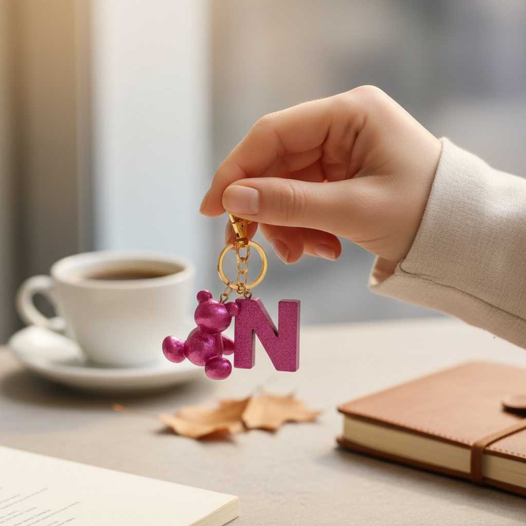 Pink handmade resin bear keychain with the letter N on a bag