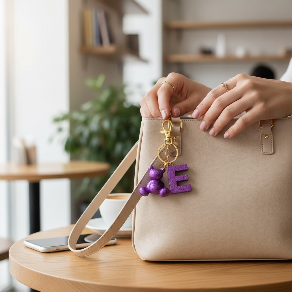 Purple handmade resin bear keychain with the letter E on a bag