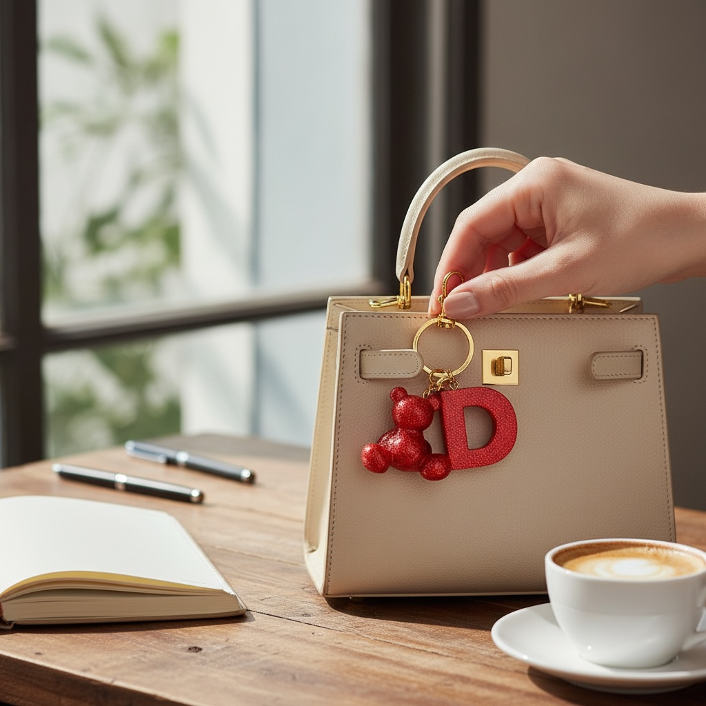 Red handmade resin bear keychain with the letter D on a bag