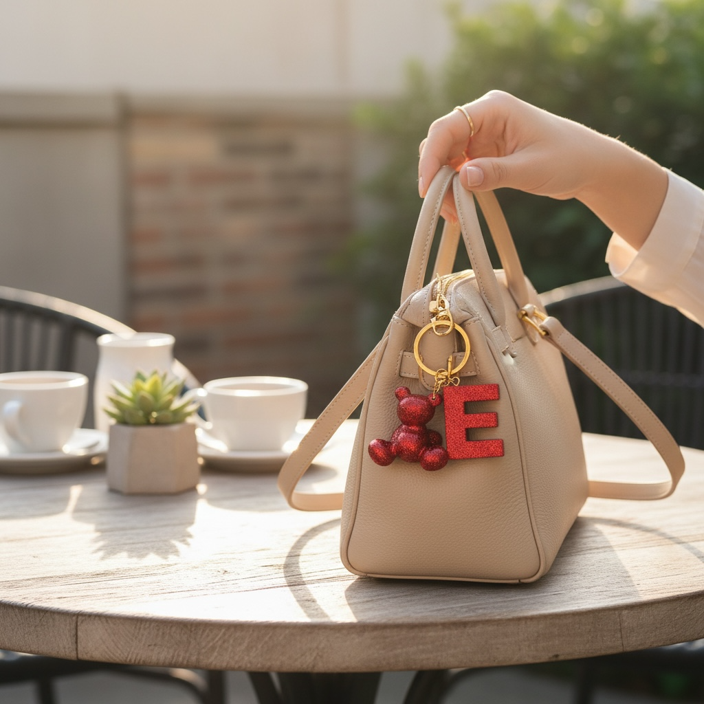 Red handmade resin bear keychain with the letter E on a bag