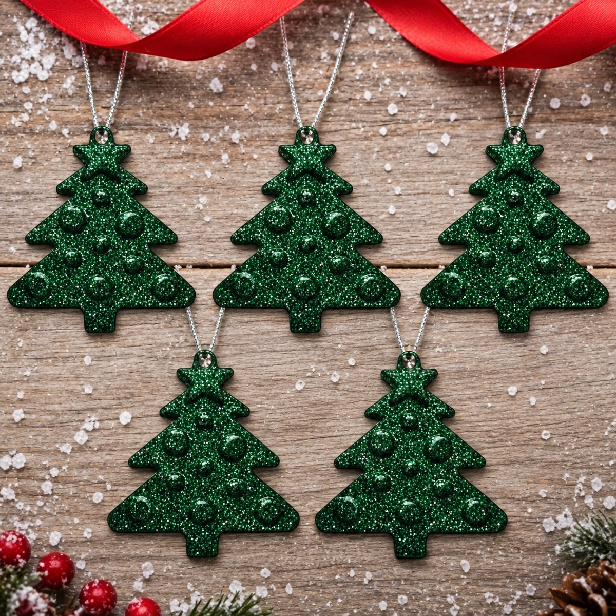 Set of 5 green glitter handmade resin Christmas tree ornaments, product view 1
